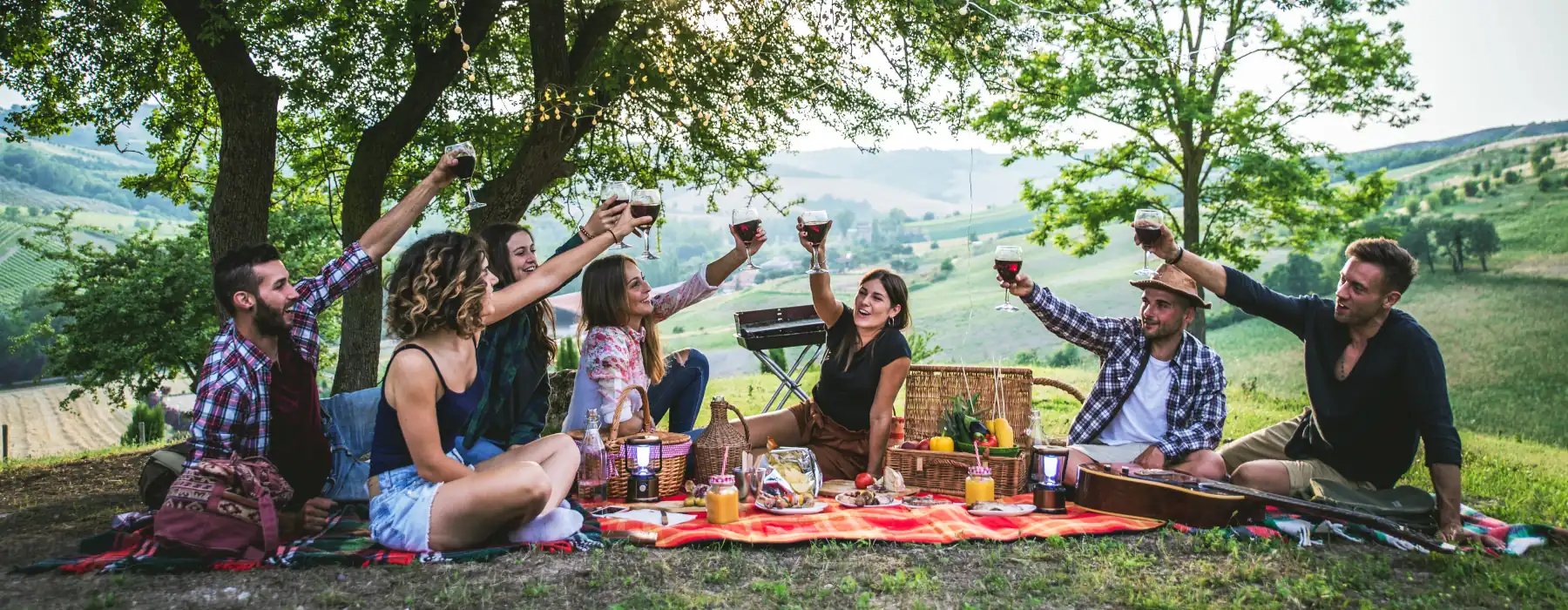 Coastal towns communities happy friends doing a picnic