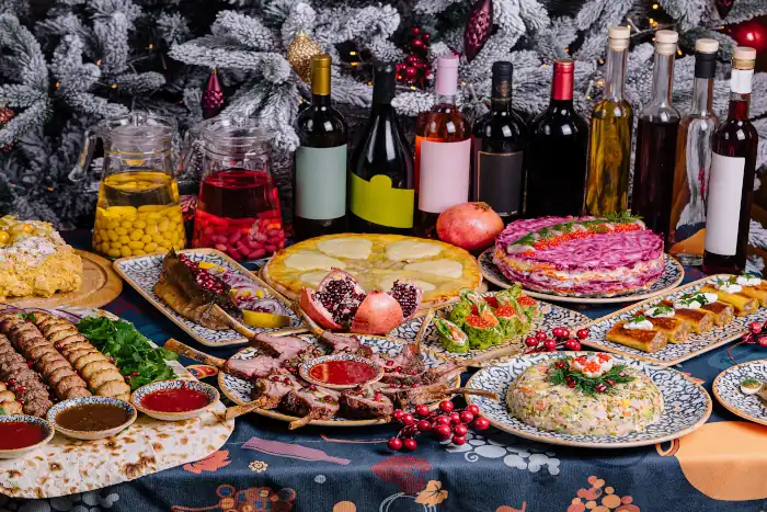 festive holiday feast with decorated christmas tree