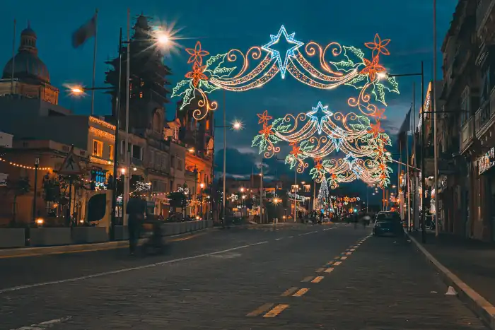 Malta urban street with christmas illuminations xmas lights