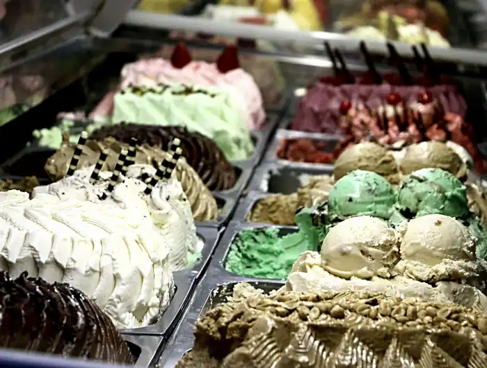 display case of so many choices of delicious italian gelato
